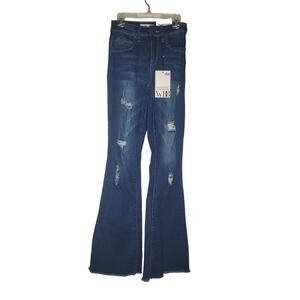 WBB Wanna Better Butt Blue Jean Flared Bell Size 1/25 Raw Hem Destroyed Long NEW